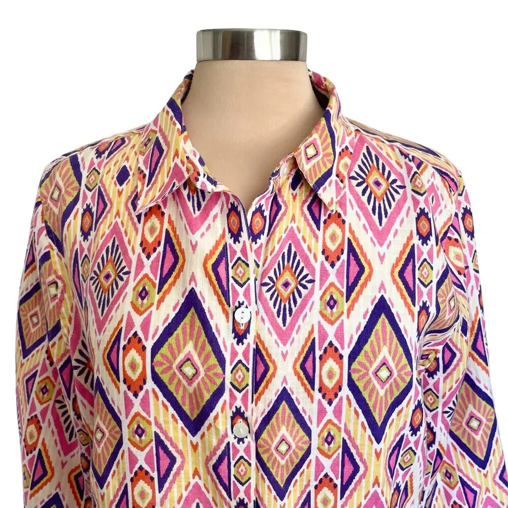 Chico's No Iron 100% Linen Button Down Tunic Sz XL Bright Geometric Print Summer